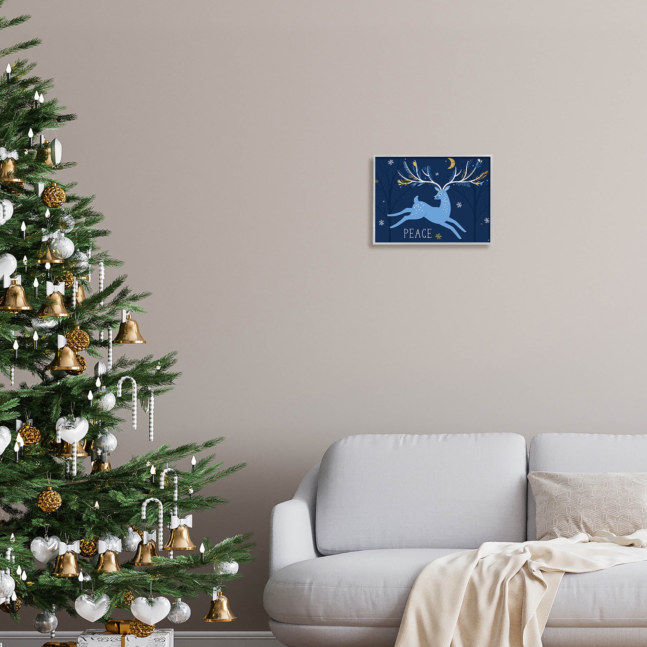 Peace Jumping Deer Snowflakes Holiday Graphic Art Gray Framed Art Print Wall Art