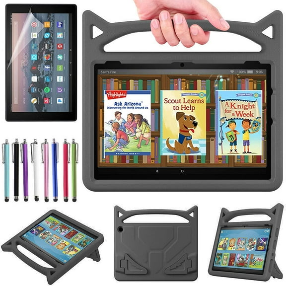 For Amazon Fire HD 10 / Fire HD 10 Plus (11th Generation, 2021 Released) Case with Screen Protector and Stylus, EpicGadget EVA Foam Lightweight Shockproof Handle Kickstand Kids Friendly Cover (Black)