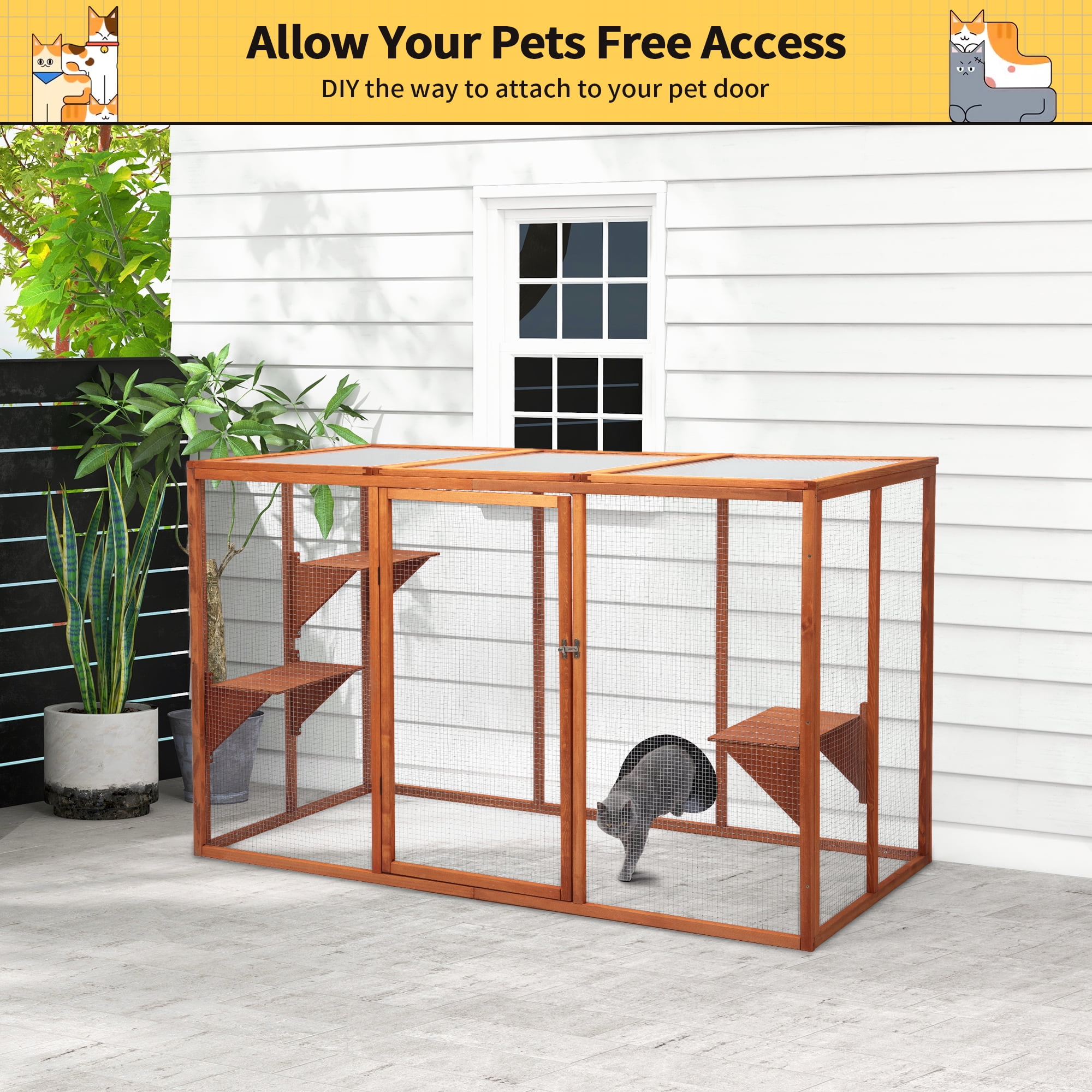 COZIWOW Outdoor Cat House, Wood Cat Catio with Platforms, Lockable Enter Door, Sunshine Panel, Cat Patio Cage Enclosure for Backyard Garden, Orange
