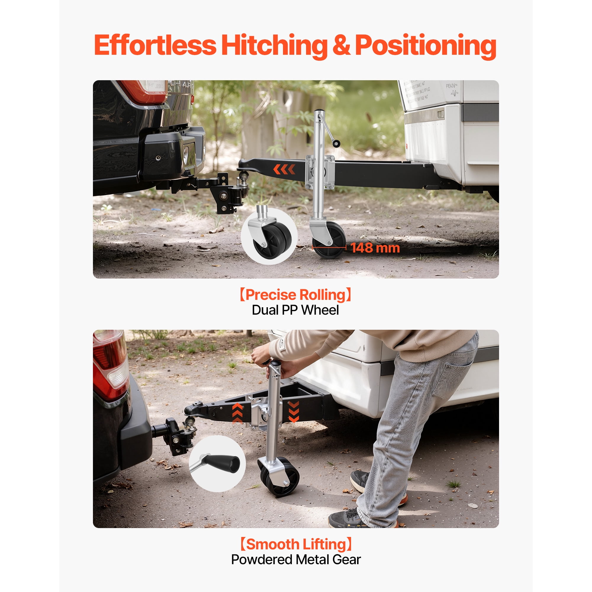 KFFKFF Trailer Jack with Wheel, 2000 lbs Capacity, Durable Swivel Design with Dual PP Wheels & Comfortable Handle, 15-27 Inch Adjustable Lift, Suitable for RVs, Boats, and Utility Trailers
