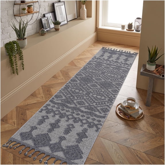 JERFIT 2x8 Indoor Outdoor Rug, Traditional White and Gray Area Carpet, Low Pile Stain Resistant Polypropylene