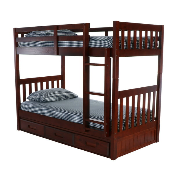 Mission Twin Over Bunk Bed, Merlot Twin Over Full Mission Staircase Bunk Bed With 3 Drawers