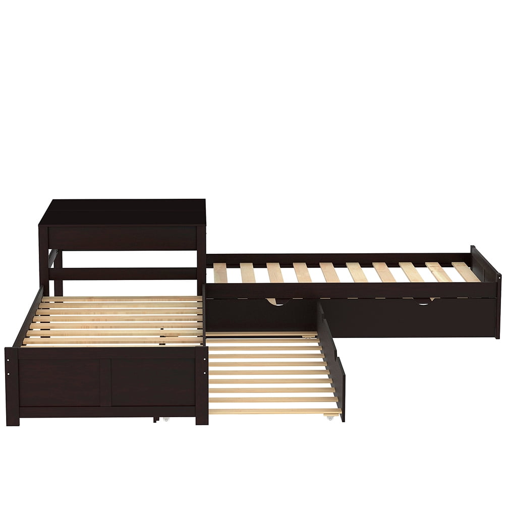 Kadyn L-shaped Platform Bed with Two Trundles and Built-in Square Table,Espresso Kadyn L-shaped Platform Bed with Two Trundles and Built-in Square Table,Espresso