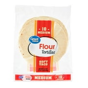 Great Value Medium Soft Taco Flour Tortillas, 17.5 oz Bag, 10 Count (Shelf Stable)