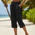 thumbnail image 2 of JFGHDG Women's Drawstring Elastic Waist Linen Capri Pants High Waisted Wide Leg Cropped Casual Trousers with Pockets Black 4XL, 2 of 7