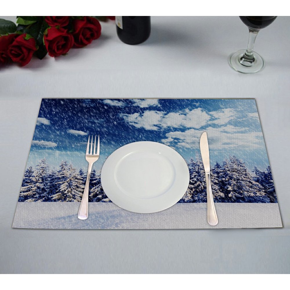 GCKG Winter Scene Placemat, Beautiful Winter Landscape with Snowy Trees Placemat 12x18 Inch,Set