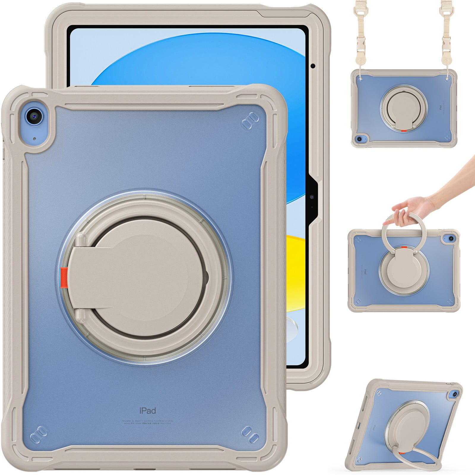 ELEHOLD Rugged Case For Apple iPad Air 13 (2024) Hybrid Shockproof Cover [360 Rotating Stand] [Hand Grip] [Pencil Holder] [Detachable Shoulder Strap] Kids Case, Khaki
