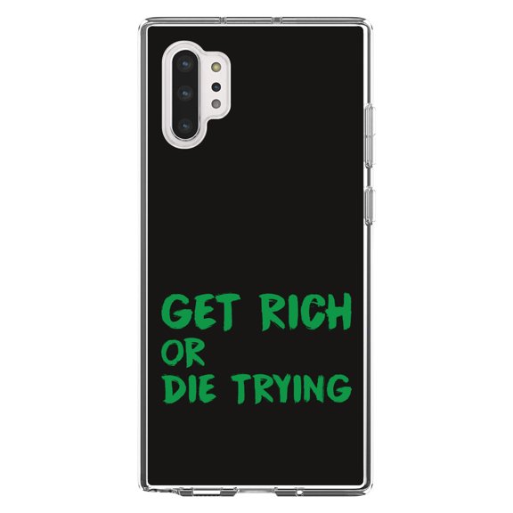 DistinctInk Clear Shockproof Hybrid Case for Galaxy Note 10 PLUS (6.8" Screen) - TPU Bumper, Acrylic Back, Tempered Glass Screen Protector - Get Rich or Die Trying - Black & Green