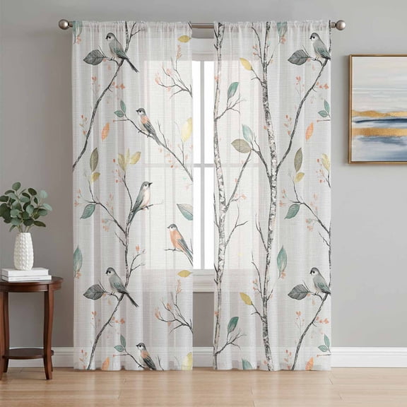 Vintage Botanical Semi Sheer Curtains 63 Inch Length 2 Panels Set, Birds Branch Watercolor Leaf Sheer Kitchen Curtain Privacy Voile Window Curtain for Living Room Bedroom Rod Pocket Drapes