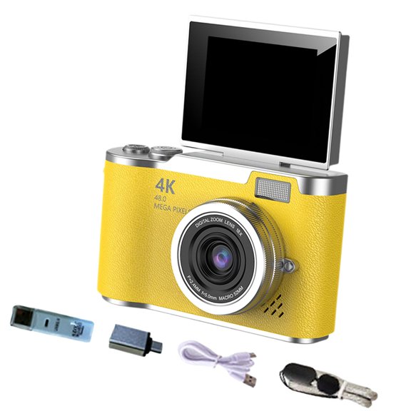 Cámara digital 4K Cámara para vlogs Modo Belleza 48MP Pantalla de 2.4 pulgadas 720P/1080P 8x Amarillo
