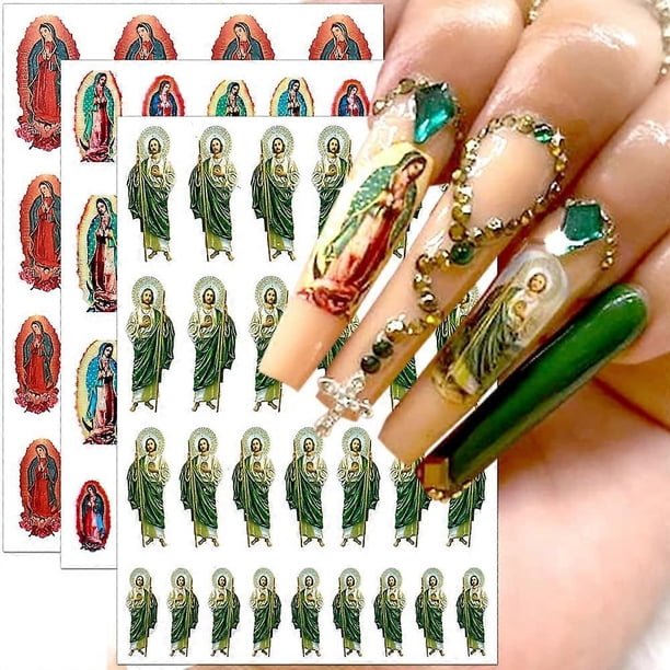 Mary Nail Stickers,3D San Judas Self-Adhesive Nail Art Decals, 6 Sheets Religious Nail Art Decorations for Woman Girl Kid DIY Fingernail Design Manicu
