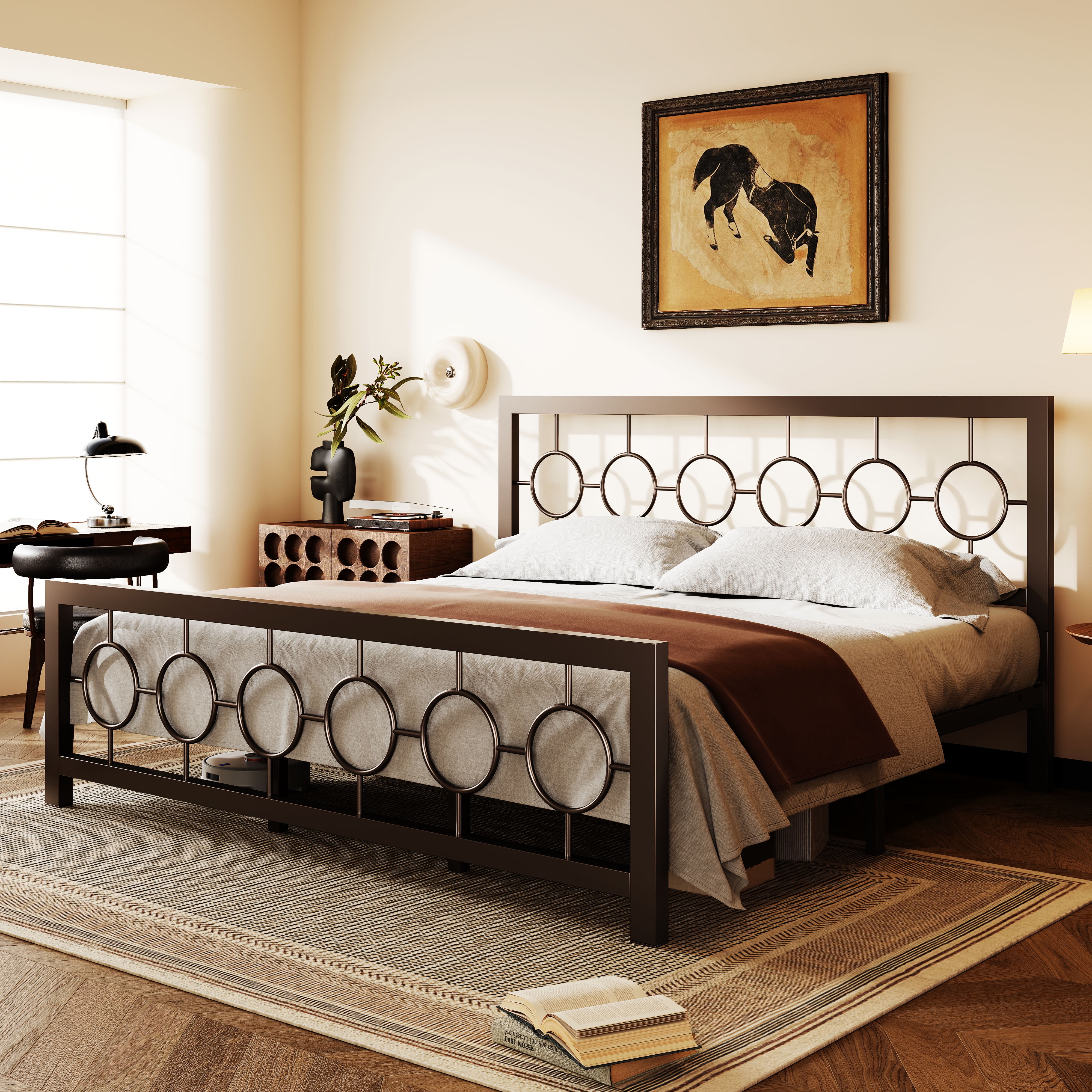 Amolife King Size Bed Frame, Heavy Duty Metal Platform Bed with Vintage Circular Headboard & Footboard, Brown