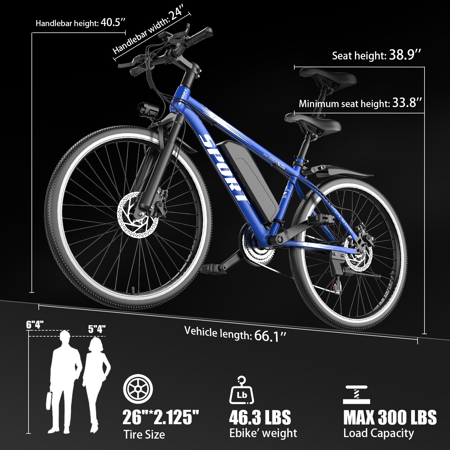 PostJoy Electric Mountain Bike 26" 1500W Peak Motor, 65 Miles 28MPH Ebike, 480Wh Battery Electric Bicycle for Adults 7 Speed Electric Bicycles Front Fork Suspension