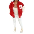 thumbnail image 1 of Women Crop Bomber Jacket Oversized Varsity Button Down Baseball Coat Casual Patchwork Outwear, 1 of 5