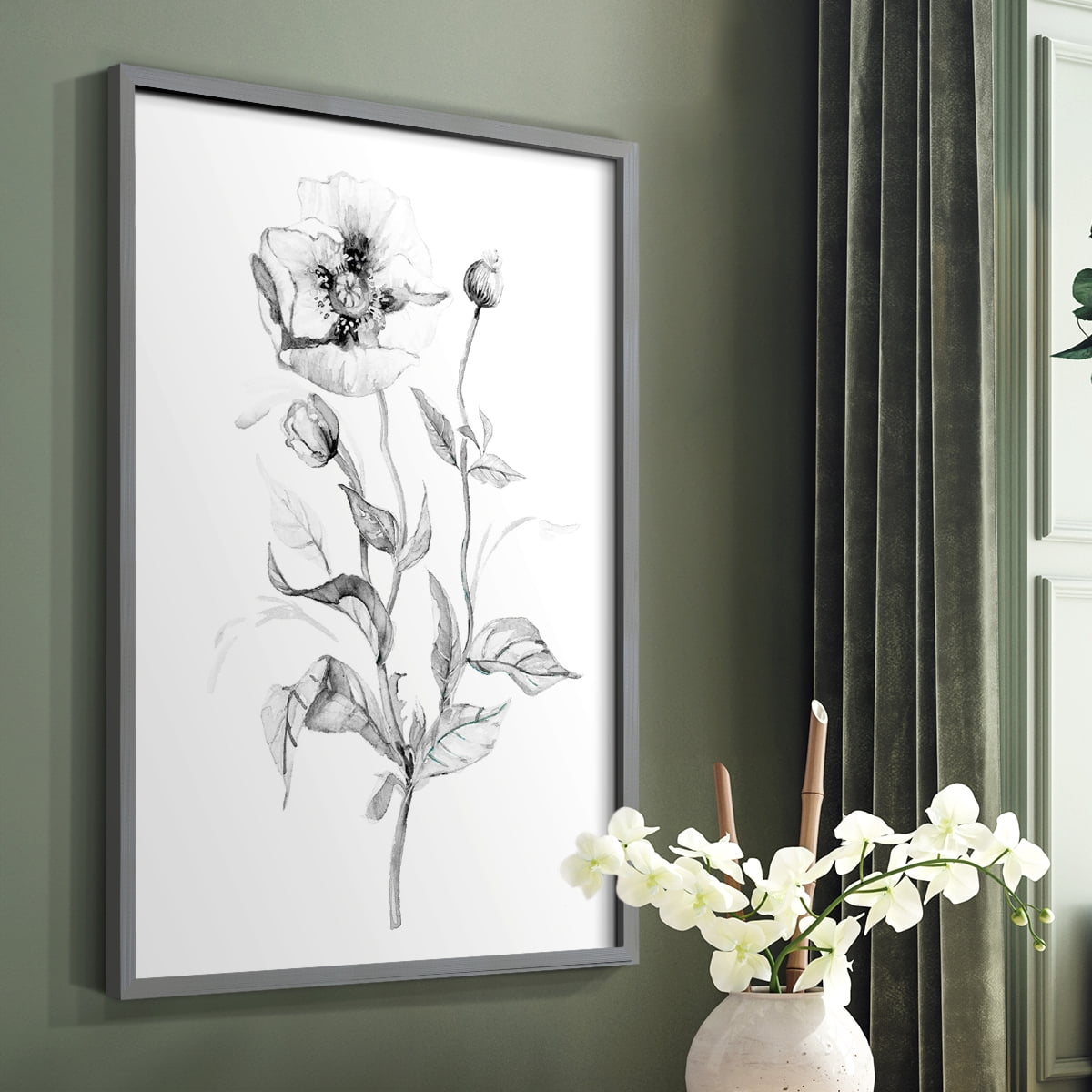 Wild Poppy Sketch Framed Print in Gray Solid Wood 22 x 28 Framed Print