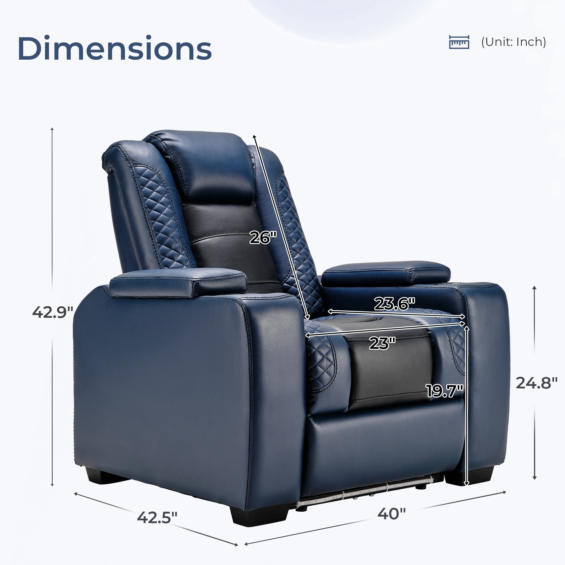 Bonzy Home Electric Recliner Chair with LED Lighting, Adjustable Headrest, USB Ports & Cup Holders, Hidden Arm Storage, Home Theater Seating Reclining Chair, Blue