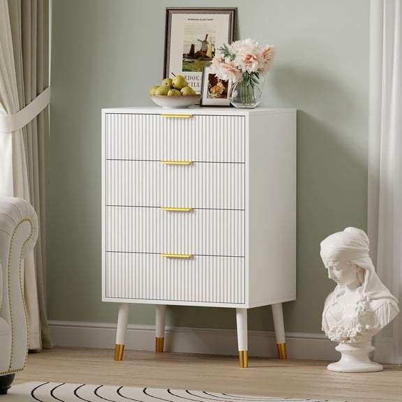 Fluted 4 Drawer Dresser Tall Dressers with Gold Metal Handles Small Dresser Storage Chest Cabinet Organizer Wood Chest of Drawers for Bedroom,Living Room,Hallway,Entryway - White