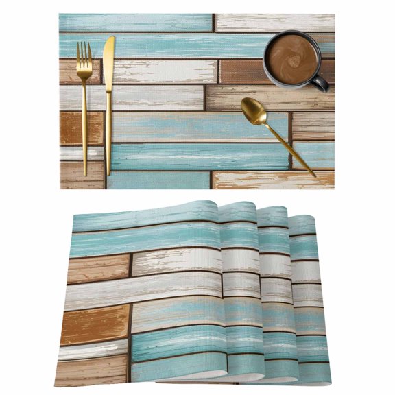 Blue Brown Vintage Placemats Set of 6, Retro Farmhouse Elegant Pastoral Placemats for Dining Table, Place Mats for Kitchen Tabletop, Waterproof Wipeable Dining Table Mats Set