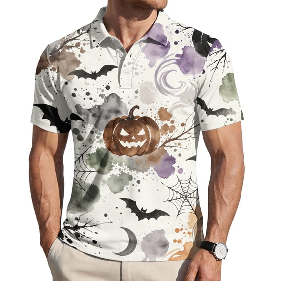 Funny Halloween Golf Polo Shirts for Men Classic Pumpkin Bat Spiderweb Print Golf Polos Short Sleeve Performance Sweatshirts Casual Streetwear