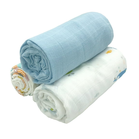 Simple Baby Essentials | Soft Bamboo Muslin Cotton Swaddles - Receiving Blankets | Baby Shower Gift | 3 Pack Large 47'x47' Absorbent Breathable | Boy Light Blue Whale Elephant, Crib