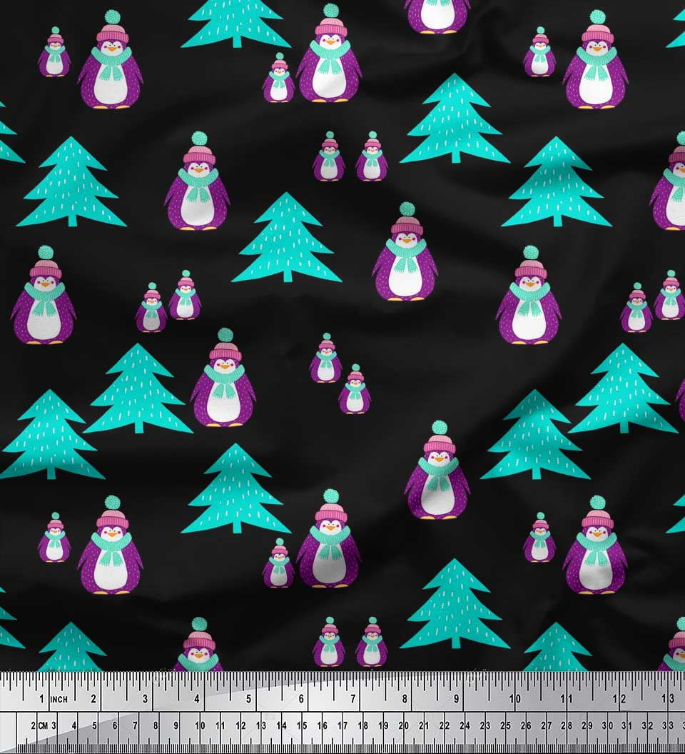 Soimoi Black Heavy Satin Fabric Snowman & Tree Christmas Print Sewing Fabric Yard 54 Inch Wide