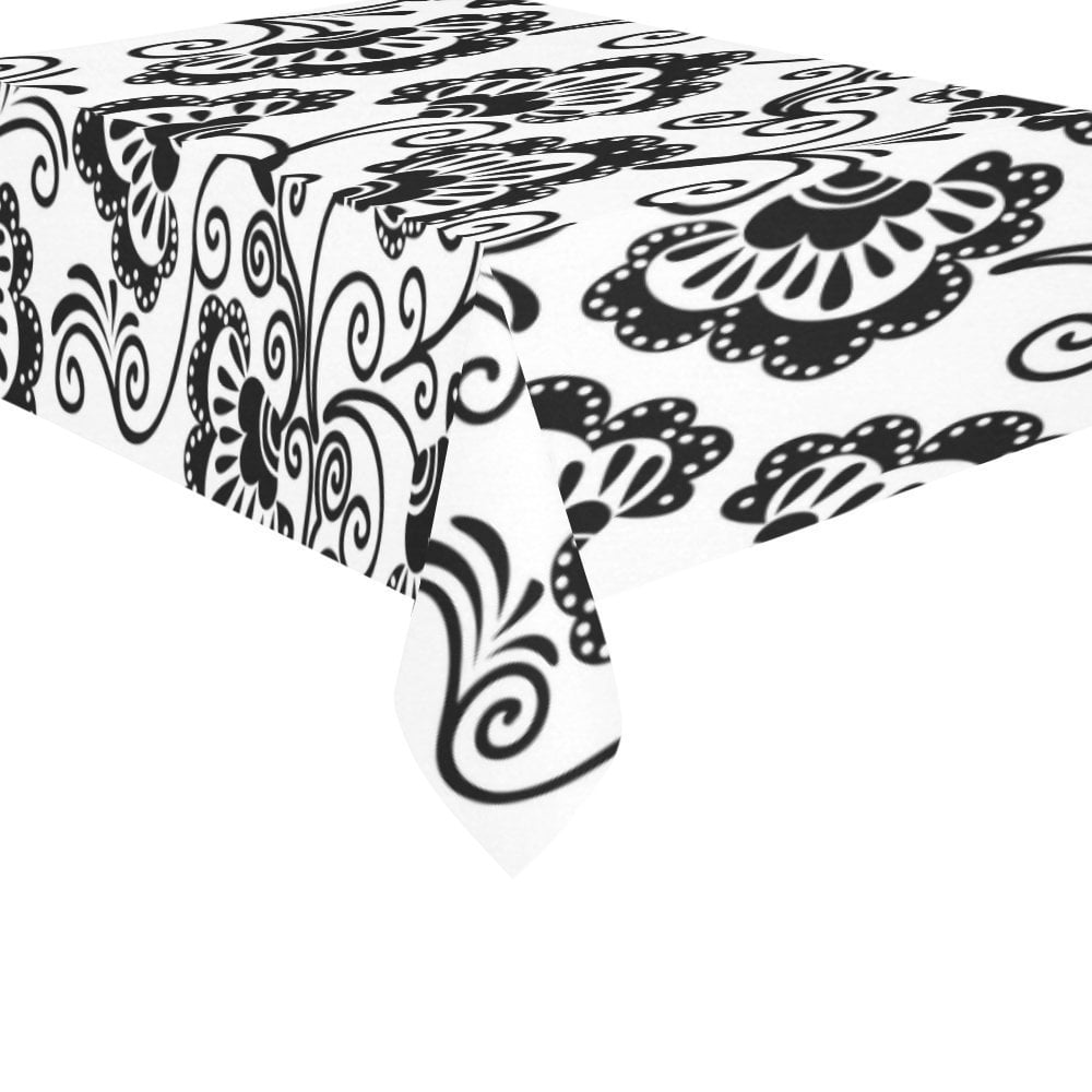 MYPOP Black Damask Floral Cotton Linen Tablecloth 60x84 Inches, White Elegant Desk Table Cloth