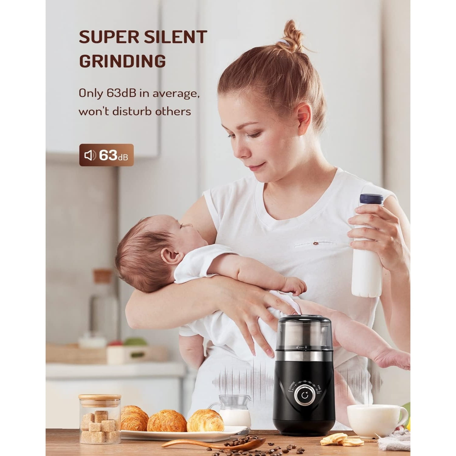 Electric Super Silent Blade Coffee Grinder, Timed Grind Control Rotary Knob, Adjustable Coarse to Fine for Coffee Beans, Spices & Herbs, with 1 Removable Stainless Steel Bowl, Black