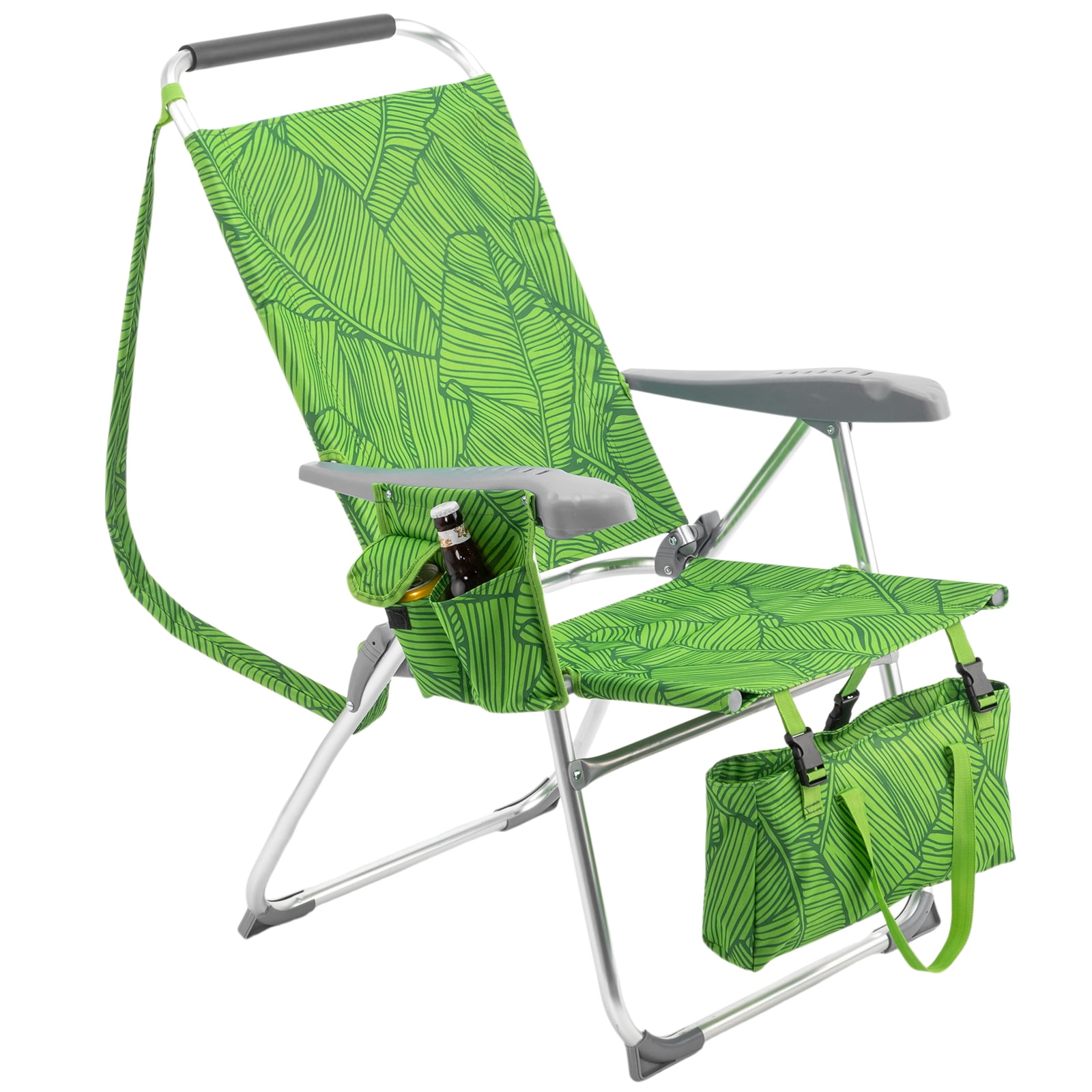 17" High Seat Folding Beach Chair, 7 Position Adjustable Recline Lounge Chair with Padded Headrest, Aluminum Frame Supports 265lbs with Cup Holder Side Pocket & Detachable Storage Tote