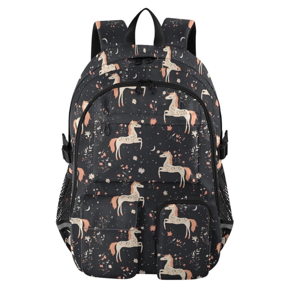 DIXRUYEE Unicorn Moon Flower Pattern Backpack for School 14”Laptop Compatible with Reflective Safety Strips