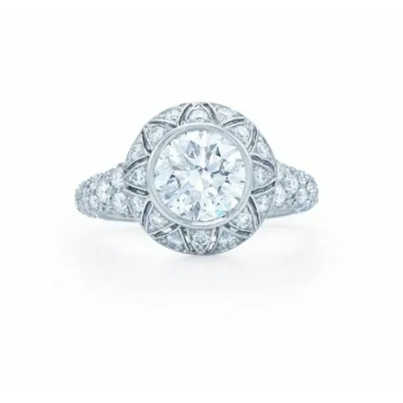 Vintage Diamond Engagement Ring, 14K White Gold Plated, Gorgeous Round Brilliant Wedding Ring, 1.8 Ct Cut Simulated Diamond, Halo Anniversary Gift For Her