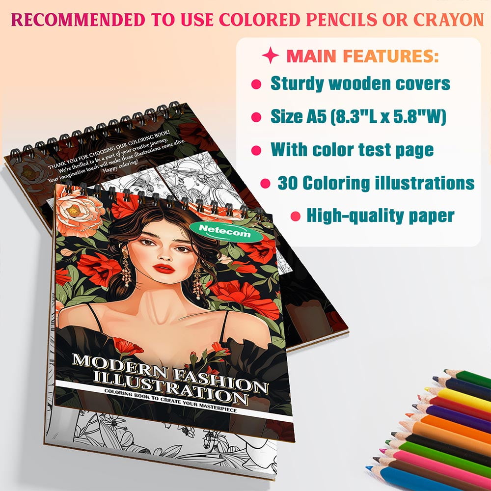 Netecom Modern Fashion Illustration Coloring Book Spiral Bound For Adults, A5 Wooden Cover, 30 Charming Coloring Pages for Relaxation and Stress Relief