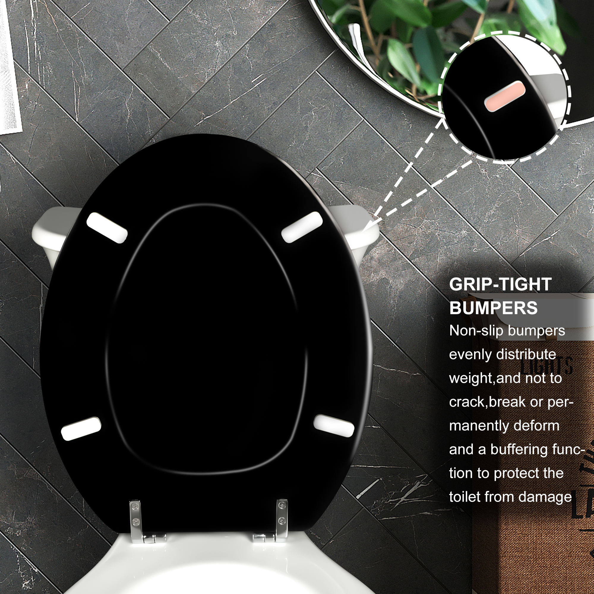 Angol Shiold Wood Elongated Toilet Seat, Black Toilet Seat, Easy Clean, Metal Hinges ( Elongated 18.5'', Black )