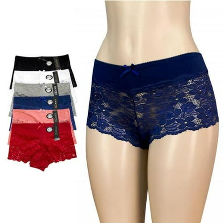 Women's Spandex Lace Hipster Cotton Stretch Trim Shorts Panties Sheer 6 Pack, (Multi-color, Small)