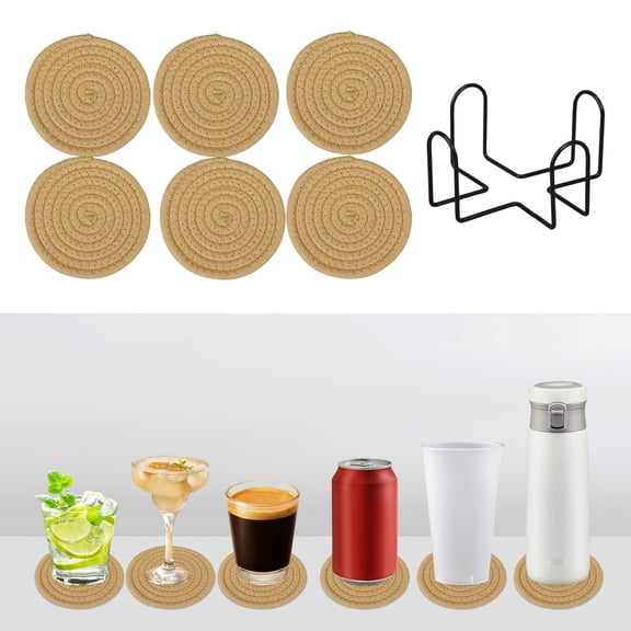 CasaChic Woven Round Non-Slip Non-Scald Thermal Insulation Placemats, 6pcs with Storage Holder, Durable Natural Yarn Coasters for Kitchen