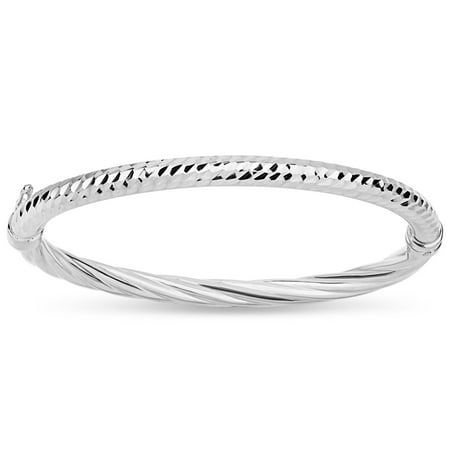 Sterling Silver Rhodium Plated 5mm Half Double Diamond Cut And Half Twist Hinged Bangle