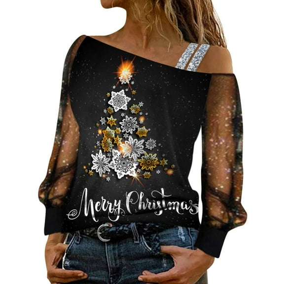oqasdz Womens Sweater Christmas Sequin Blouse Xmas Tree Print Mesh Splice Long Sleeve T Shirt Party Holiday Casual Loose Fit