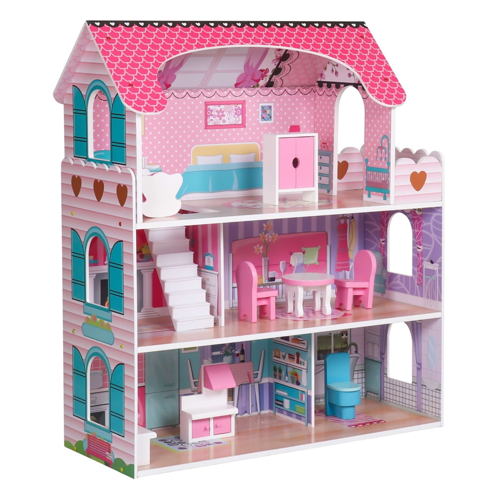 Large Wooden Kids Doll House Barbie Kit Girls Play Dollhouse Mansion Furniture 