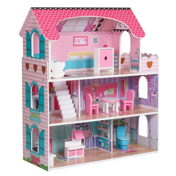 Wooden Dollhouse with Furniture for Girls Large Wooden Doll House