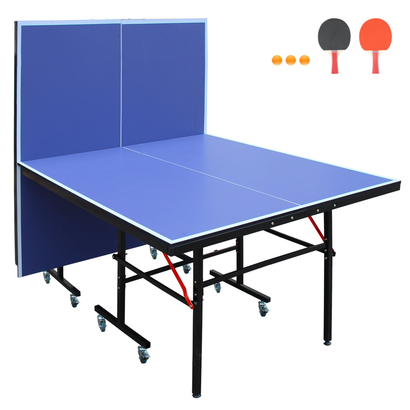 Regulation-Size Foldable Ping Pong Table Set with Steel Frame – 8ft x4ft Portable Table Includes Net, 2 Paddles, 3 Balls, Rotating Wheels & Compact Storage for Home/Office Use