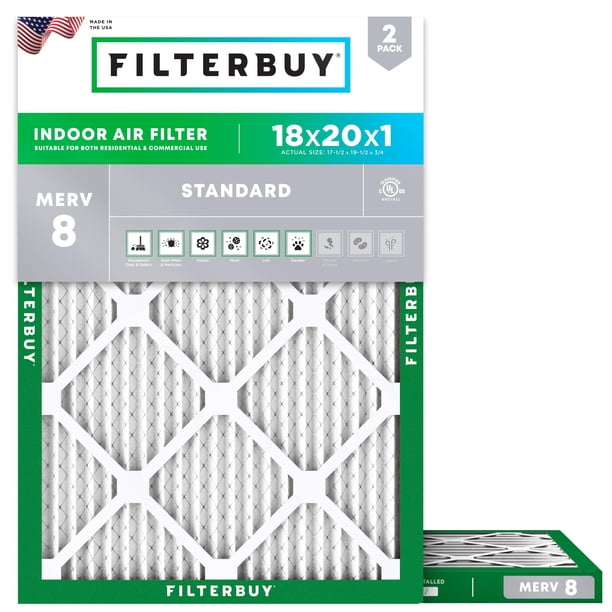 Filterbuy Filtro de aire 18x20x1 MERV 8 Dust Defense (paquete de 2) Reemplazo de filtros de aire plisados para horno HVAC AC (tamaño real: 17.50 x 19.50 x 0.75 pulgadas)