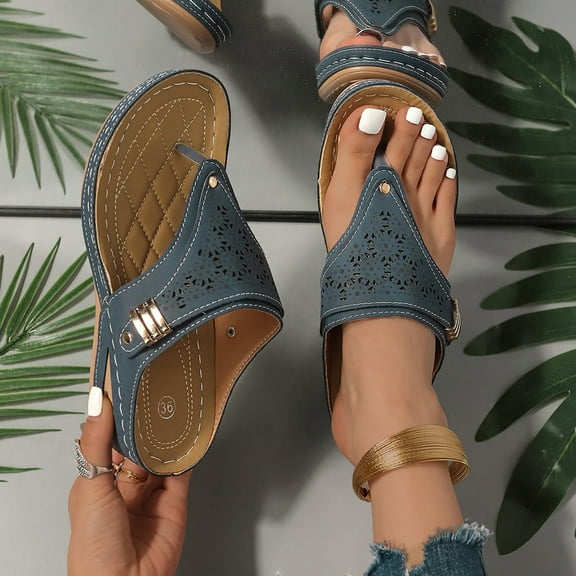 Womens Sandals Comfortable 2024 ZHUGeLI Women's Spring And Summer New Big Size Clip-toe Beach Flower Hollow-out Wedges Fashion Casual Slippers