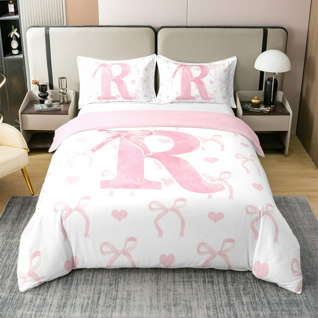 Erosebridal Housse de Couette en Coton 100 % avec Initiale A-Z Grand, Lettre R, Déco Girly Fairness, Réversible 3 Pcs (Sans Couette)