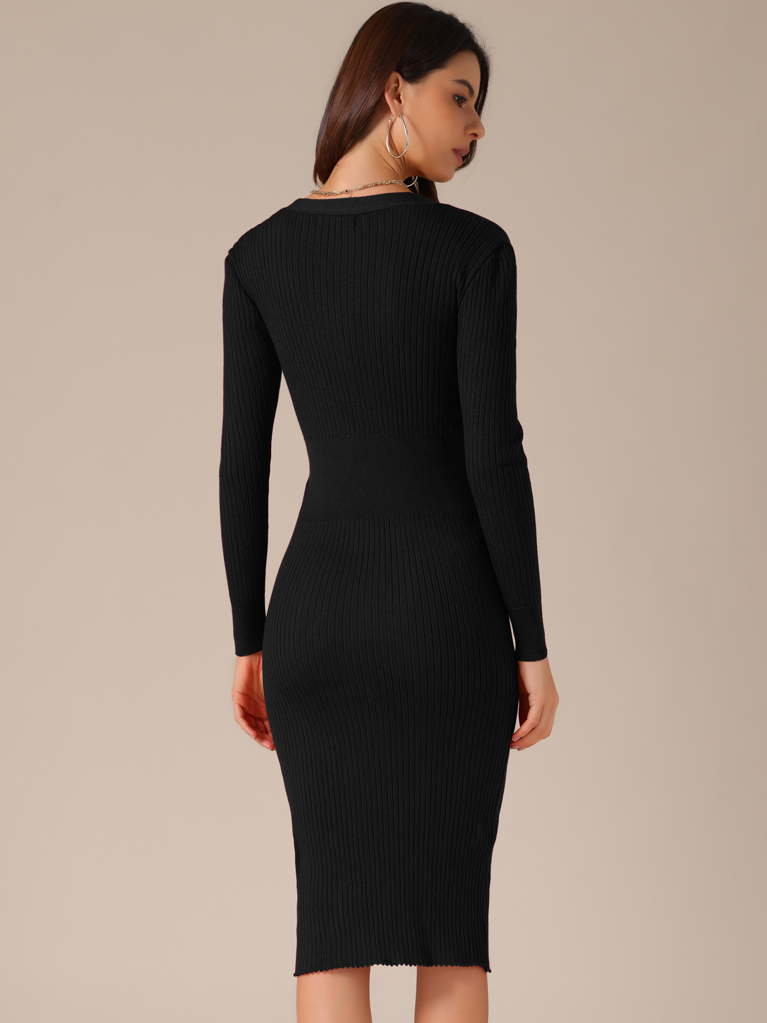 DARING DIVA V Neck Long Sleeve Slim Fitted Midi Dress L Black