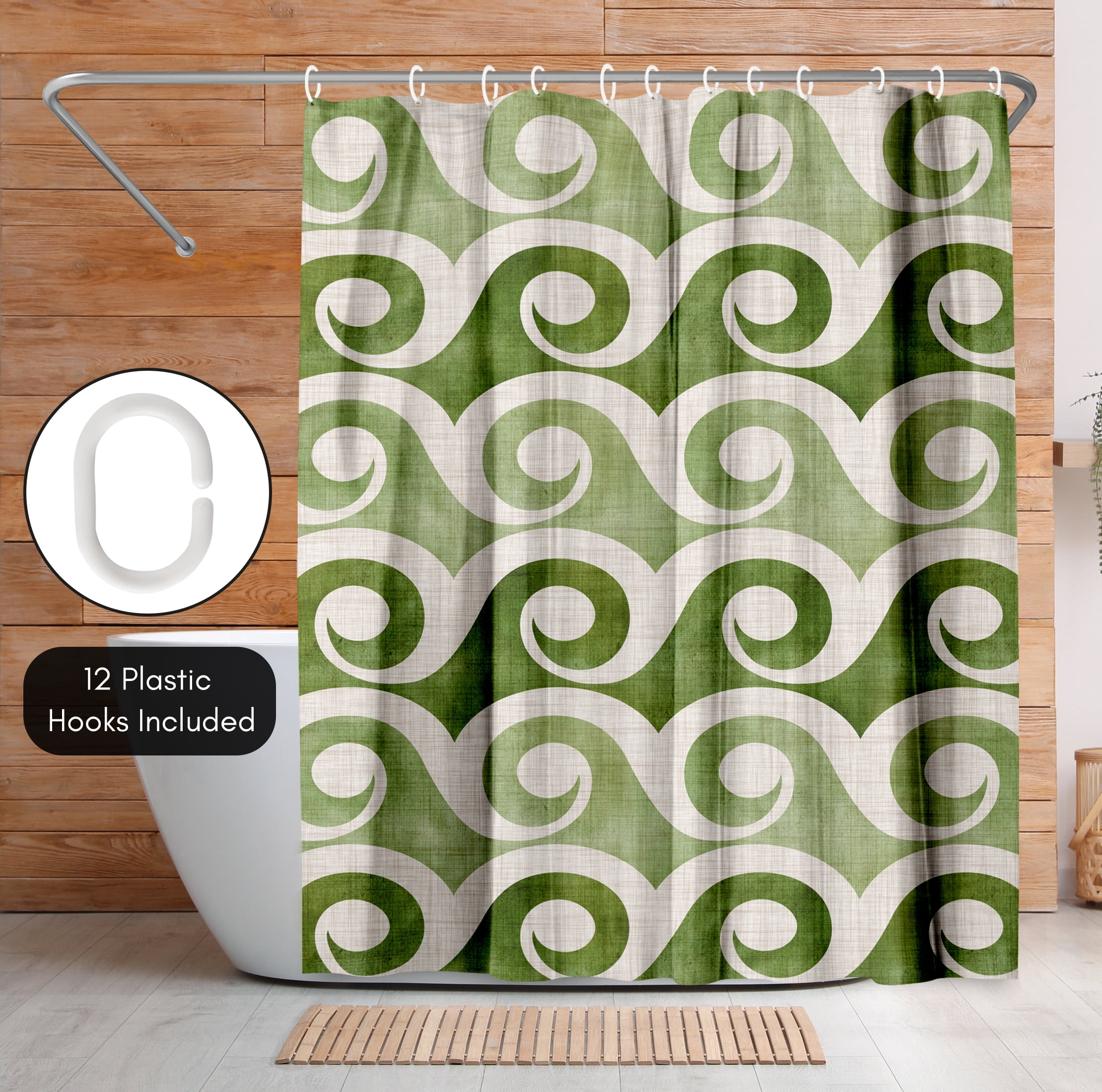 Americanflat 71" x 74" Shower Curtain, Retro Waves In Green by Modern Tropical