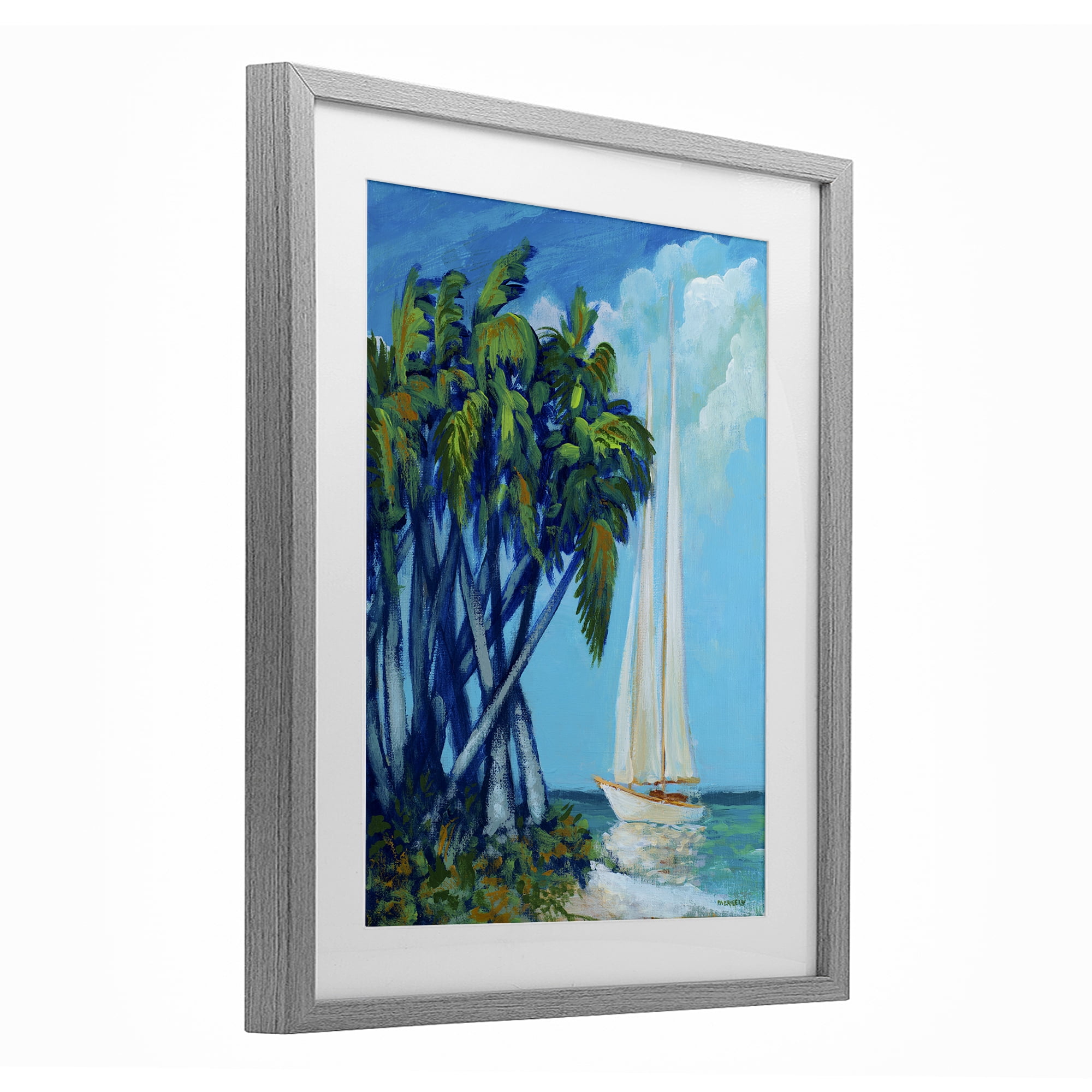 Stupell Industries Sailboat & Twisted Palms Gray Framed Print Under Glass, design by Dan Meneely