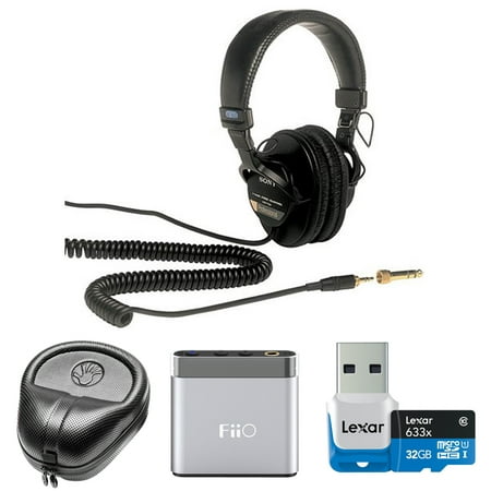Sony Professional Headphones (MDR7506) with Slappa HardBody Headphone Case, FiiO A1 Port. Headphone Amplifier & Lexar 32GB microSDHC Memory Card w/ USB 3.0