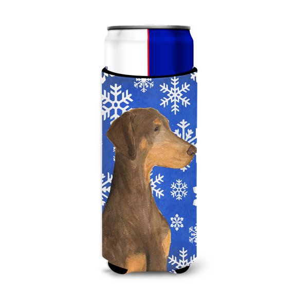Carolines Treasures SS4617MUK Doberman Winter Snowflakes Holiday Ultra Hugger for slim cans Slim Can multicolor