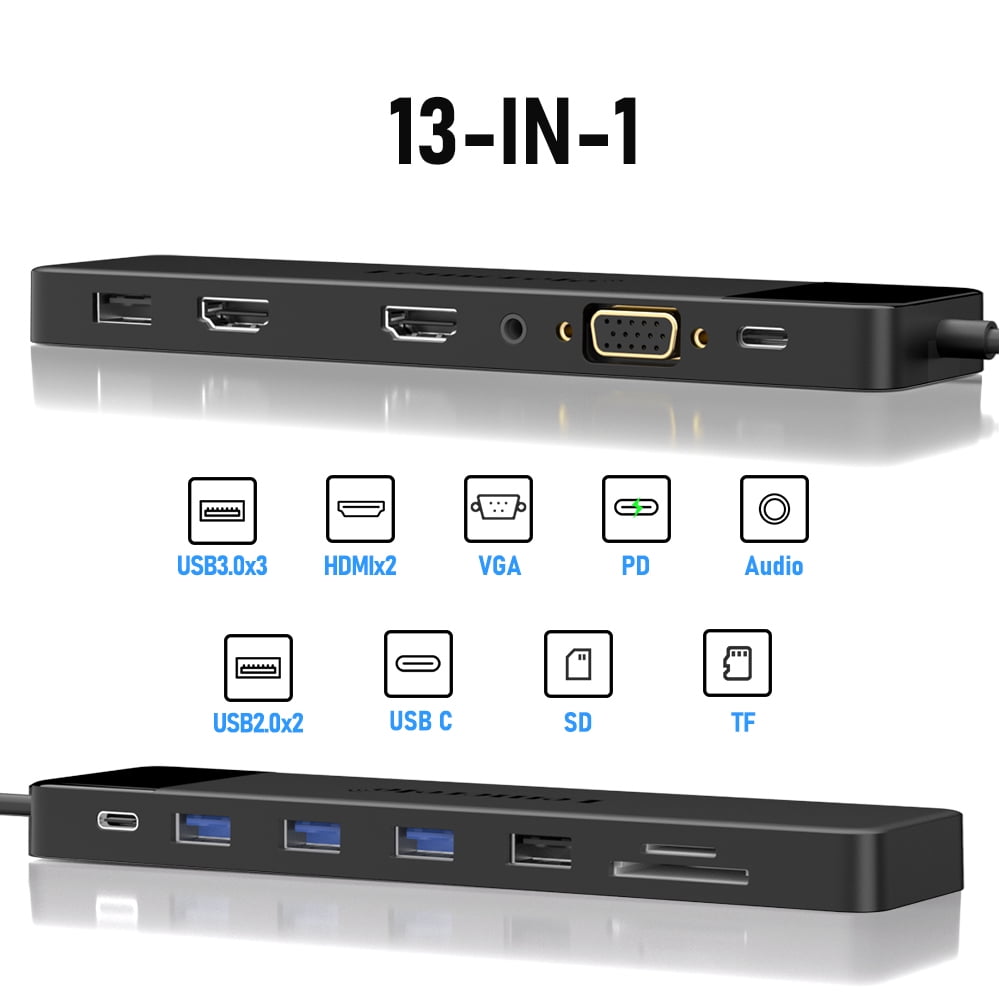 Lemorele 13 in 1 USB C Hub, USB C Docking Station 3 Monitors, Multi-Port Adapter 2 4K HDMI, USB 3.0 / 2.0, VGA/3.5MM Audio, Type C 3.0, PD 100W, SD/TF for Windows/MacOS