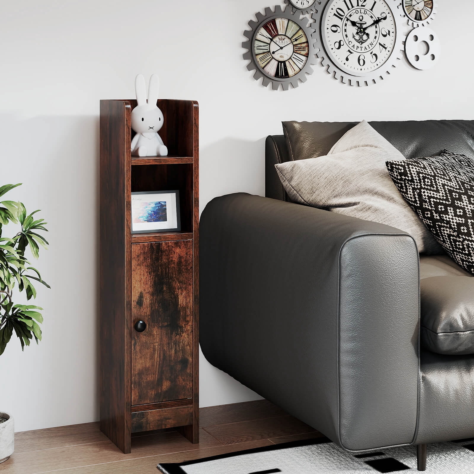 Costway Bathroom Storage Cabinet with Adjustable Shelf 1 Door & 2 Open Shelves Living Room Brown