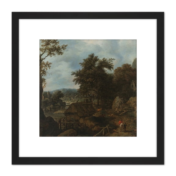 Van Everdingen Swedish Landscape Water Mill 8X8 Inch Square Wooden Framed Wall Art Print Picture with Mount